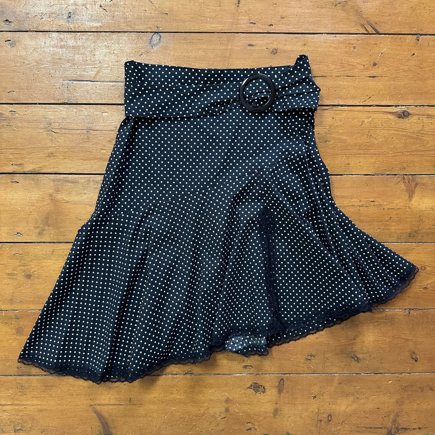 vintage 00s black polka dot asymmetrical midi skirt with belt