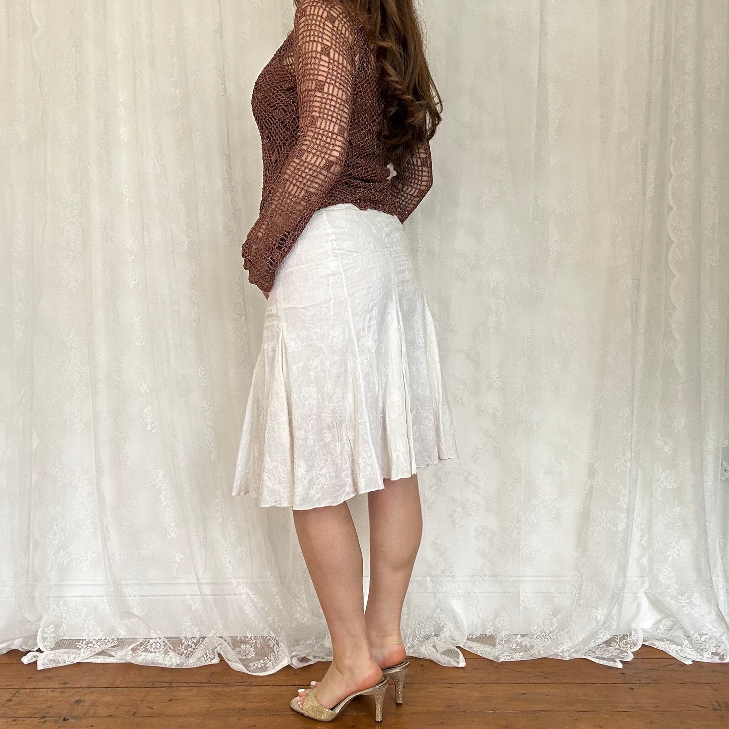 vintage 00s brown crochet long sleeve top with cami underlay