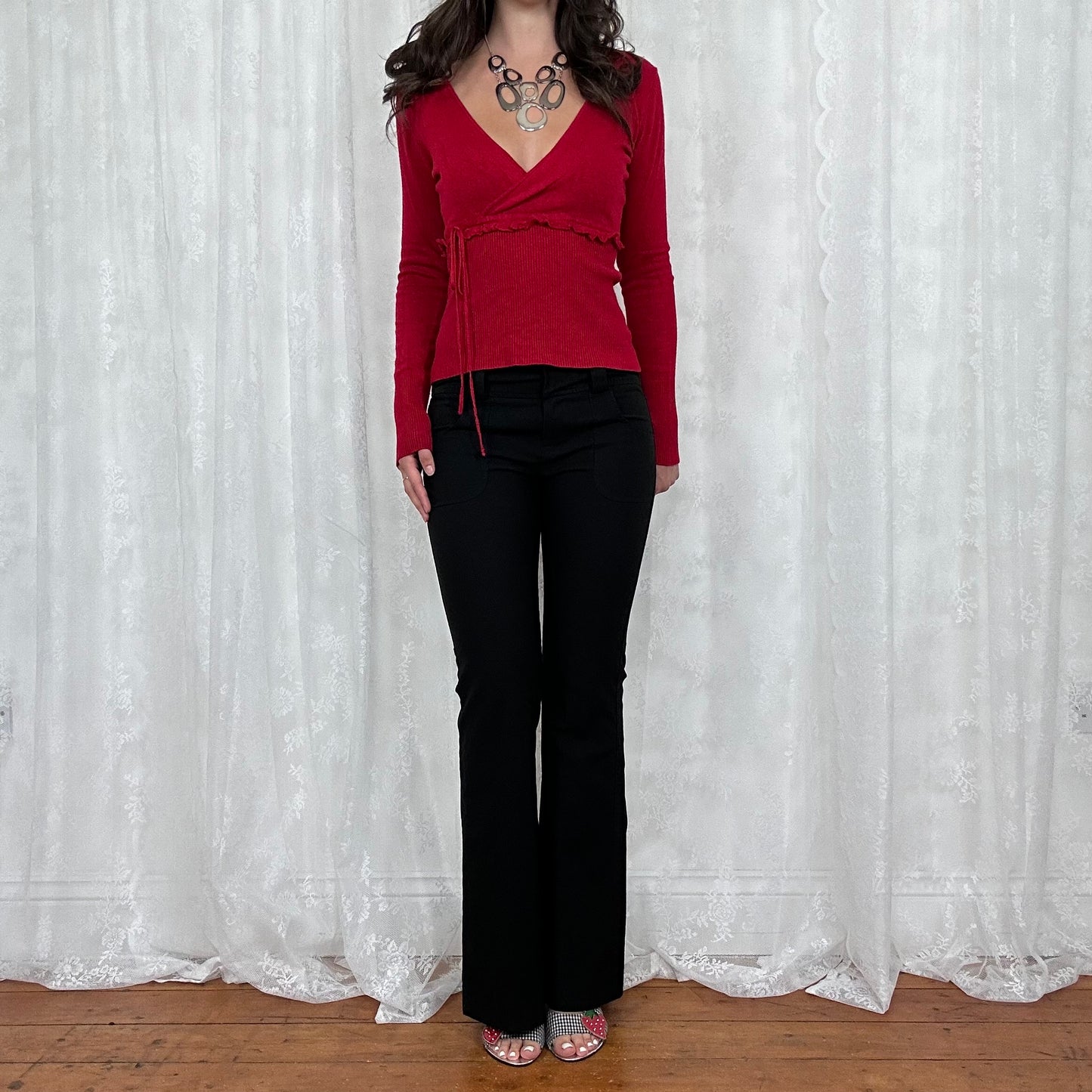 vintage 00s red thin knit ribbed crossover top