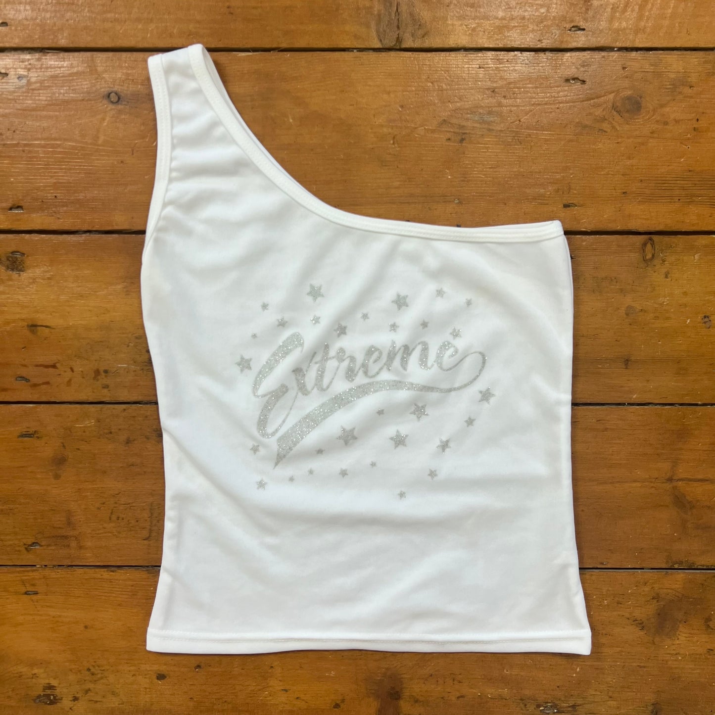 vintage 00s white one shoulder glitter top