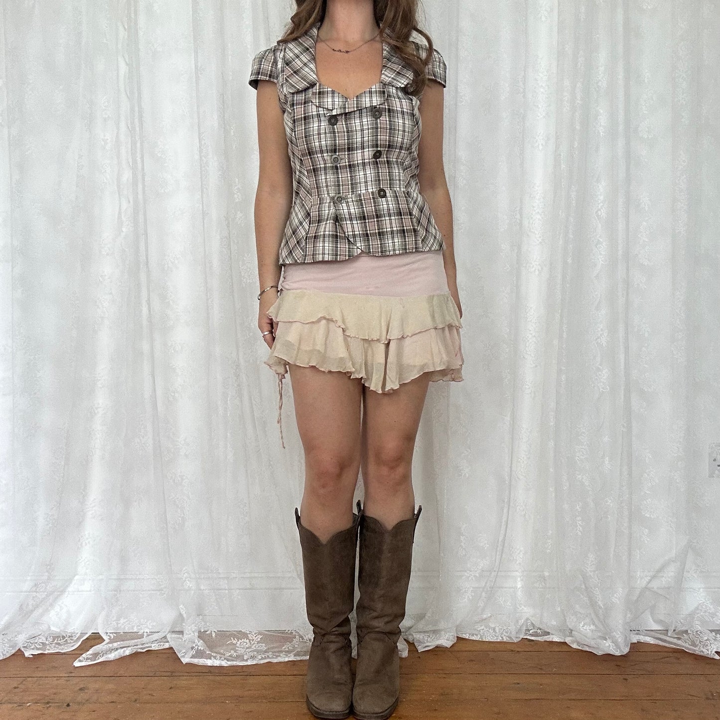 vintage 00s brown checkered short sleeve peacoat