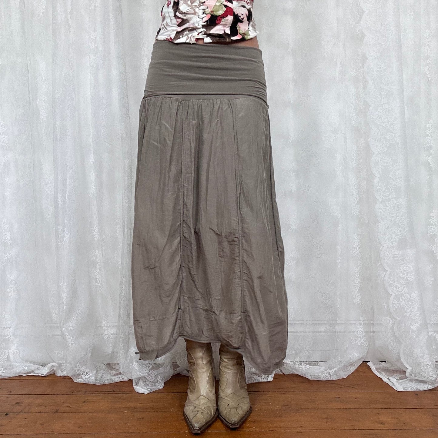vintage 00s grey / brown maxi skirt with foldover waist