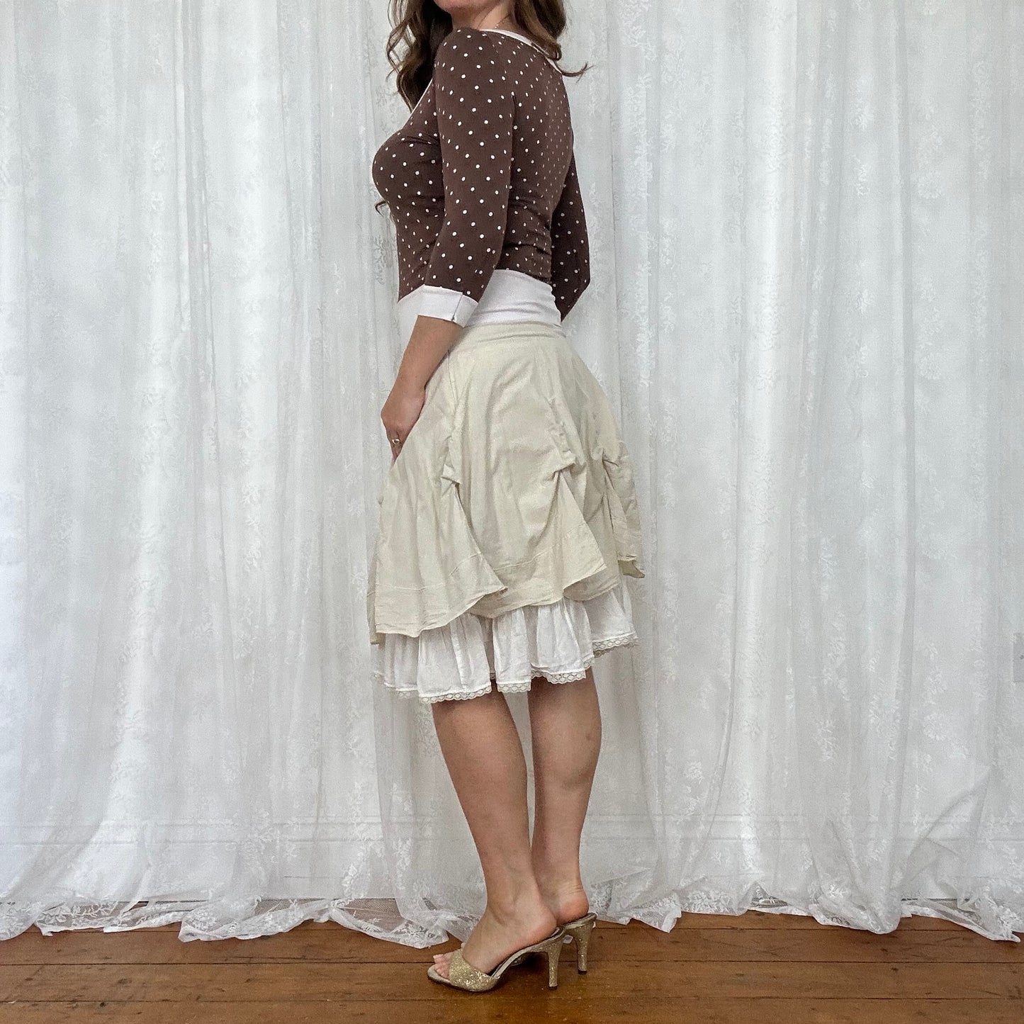vintage 00s white and beige draped midi skirt