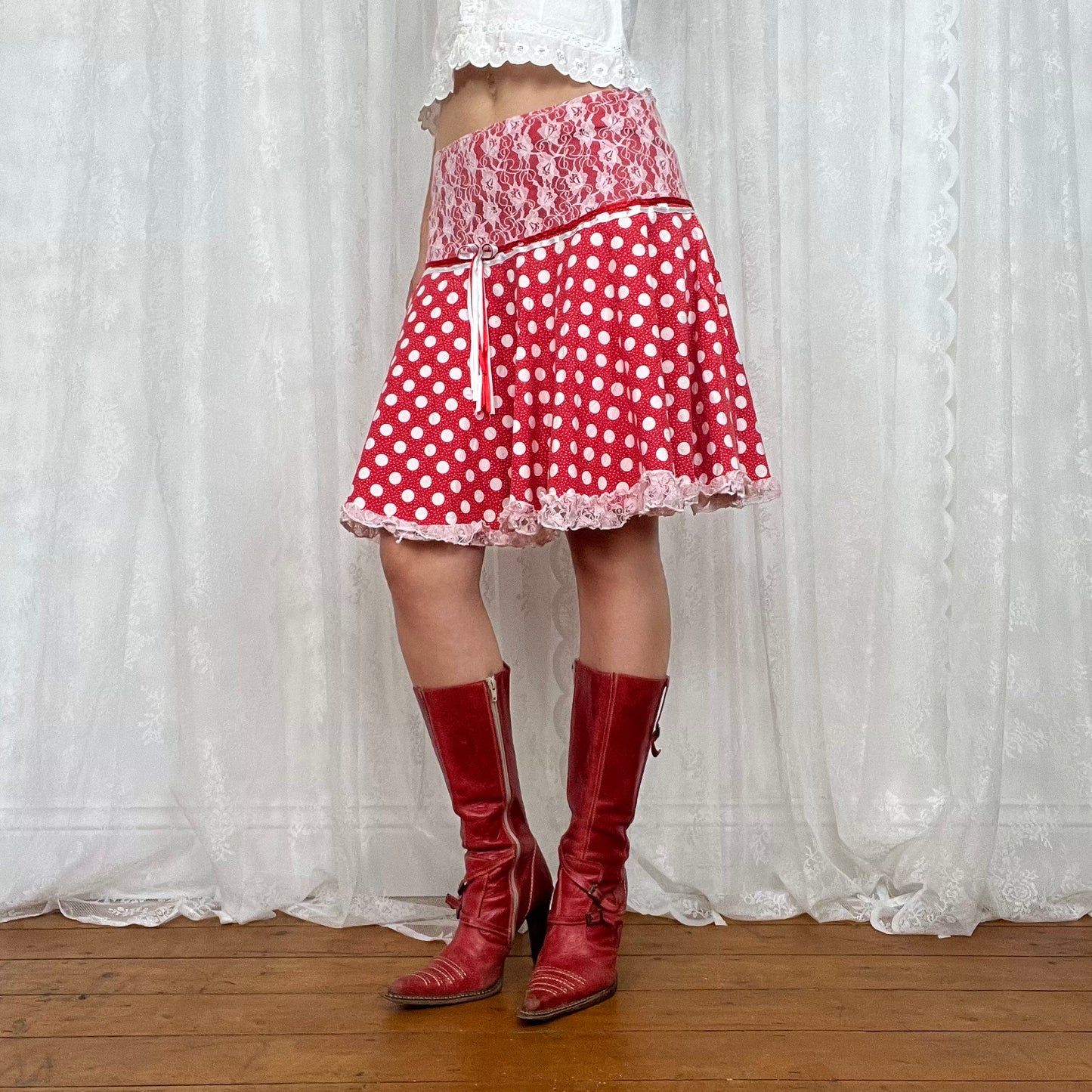 vintage 00s red and white polka dot midi skirt