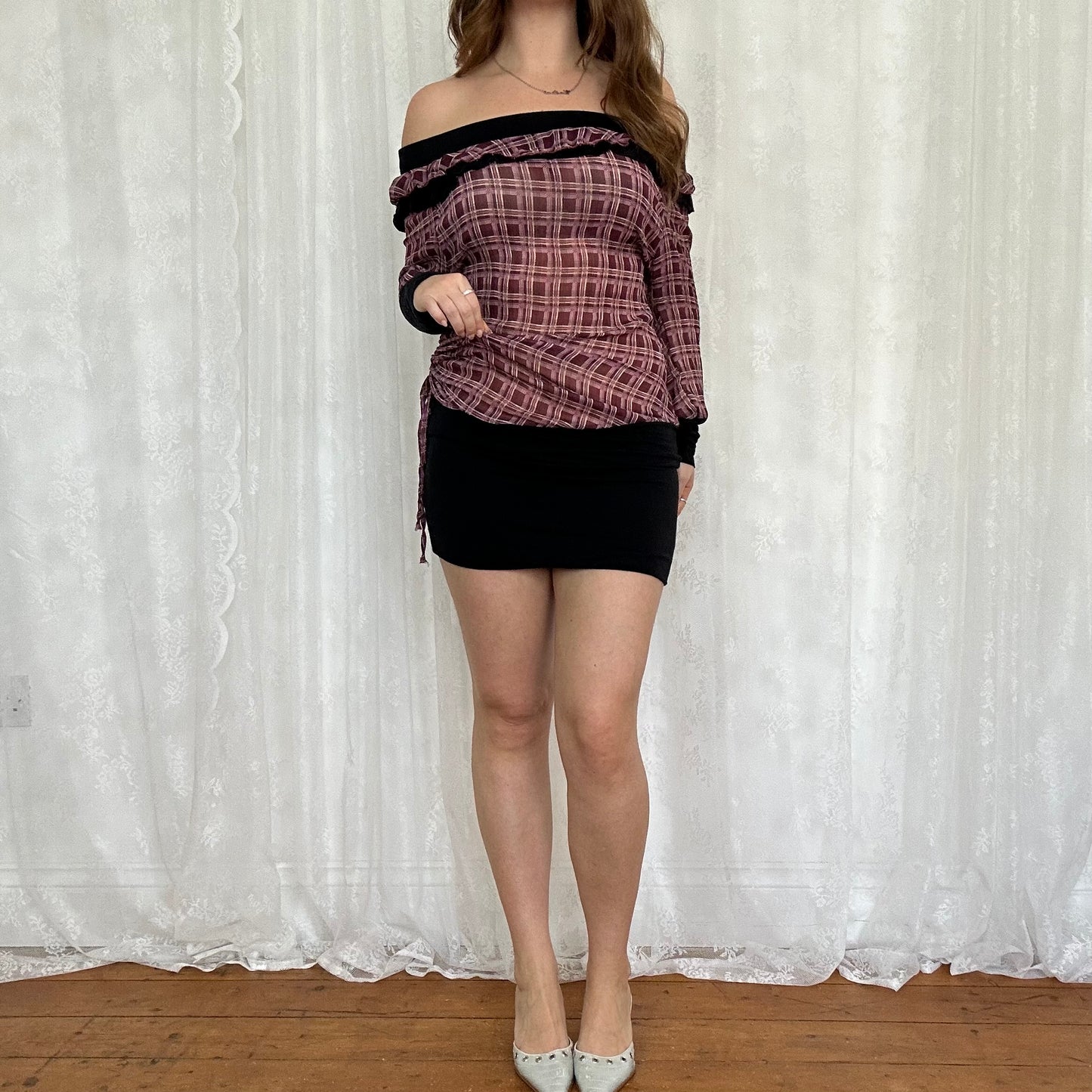 vintage 00s purple mesh checkered mini dress