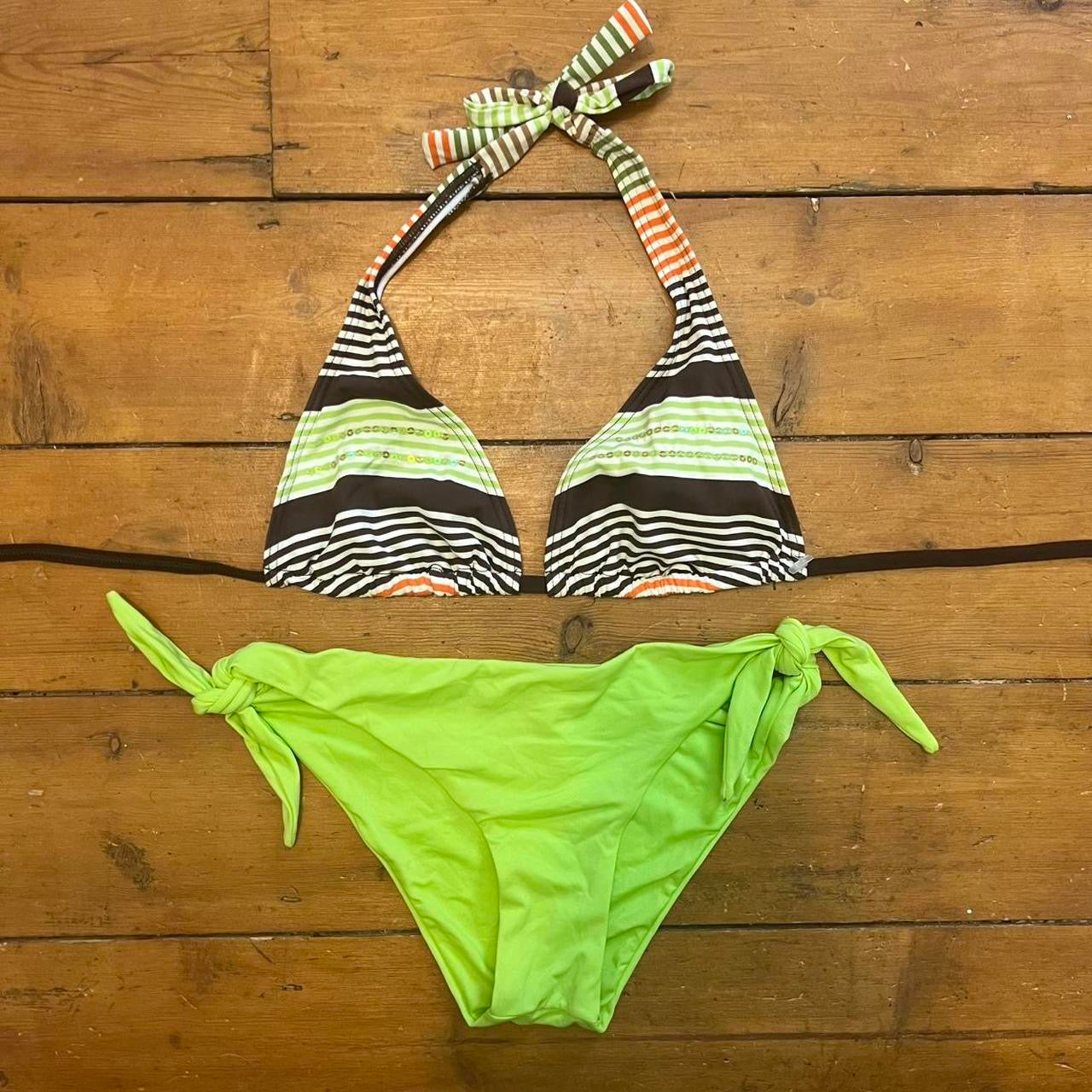vintage 00s green and brown striped bikini set with sequins