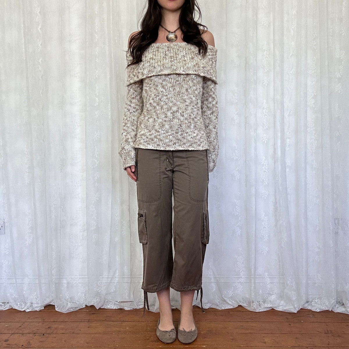 vintage 00s cream and brown off shoulder knitted jumper