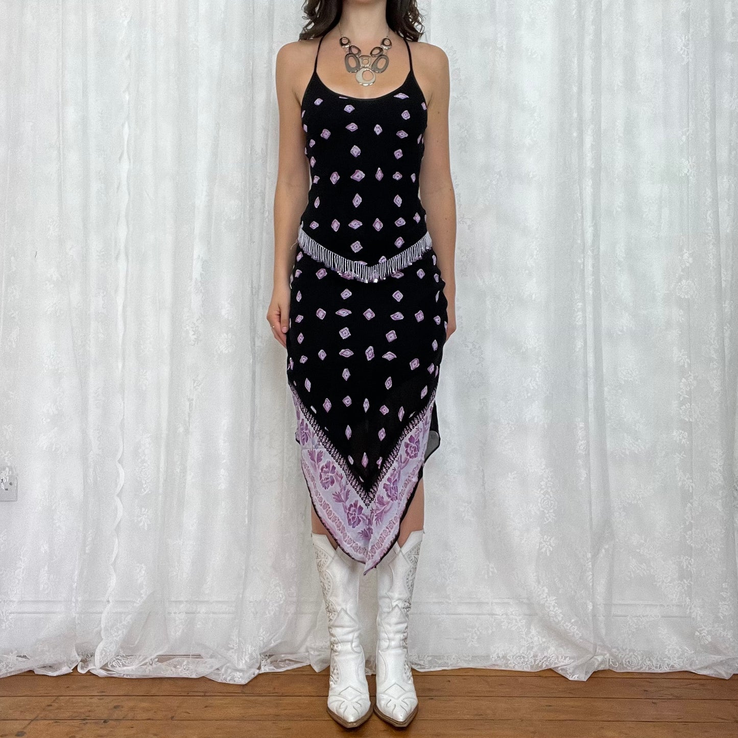 vintage 00s black and purple beaded top and handkerchief skirt co ord