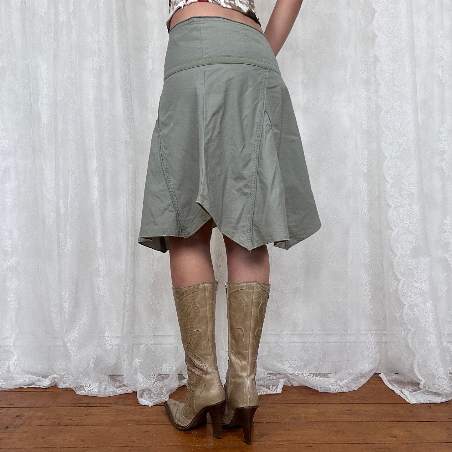 vintage 00s khaki green asymmetrical midi skirt