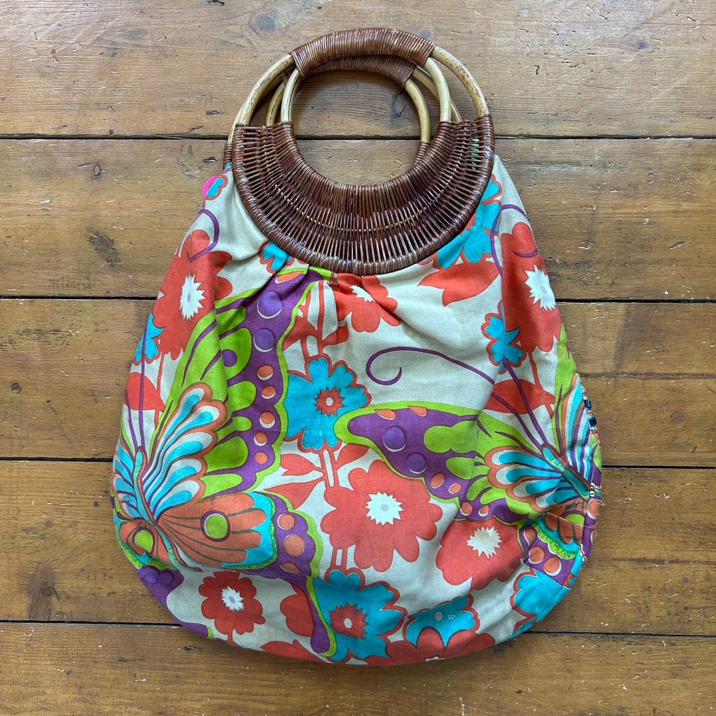 vintage 00s sequin beaded floral print wooden strap bag