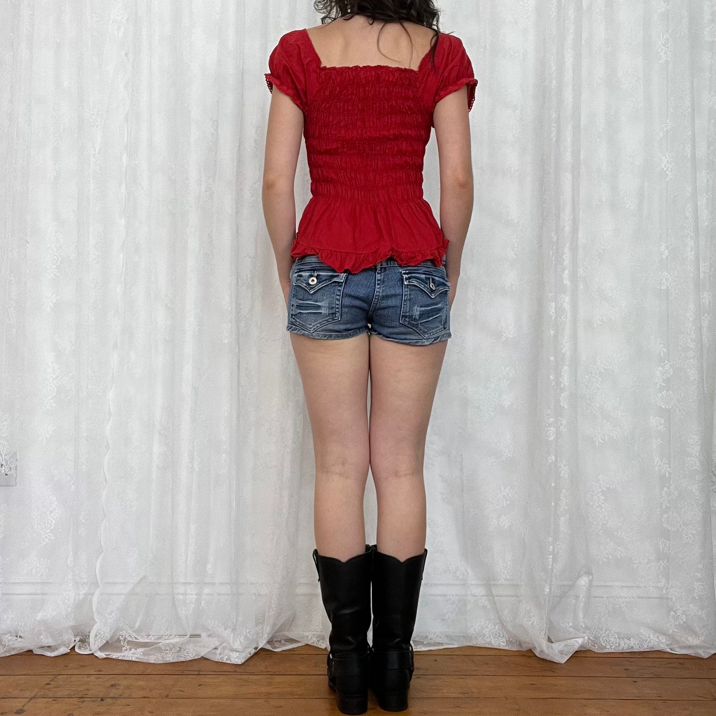 vintage 00s red lace up milkmaid top