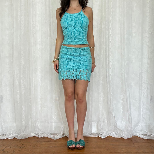 vintage 00s blue lace backless top and mini skirt co ord