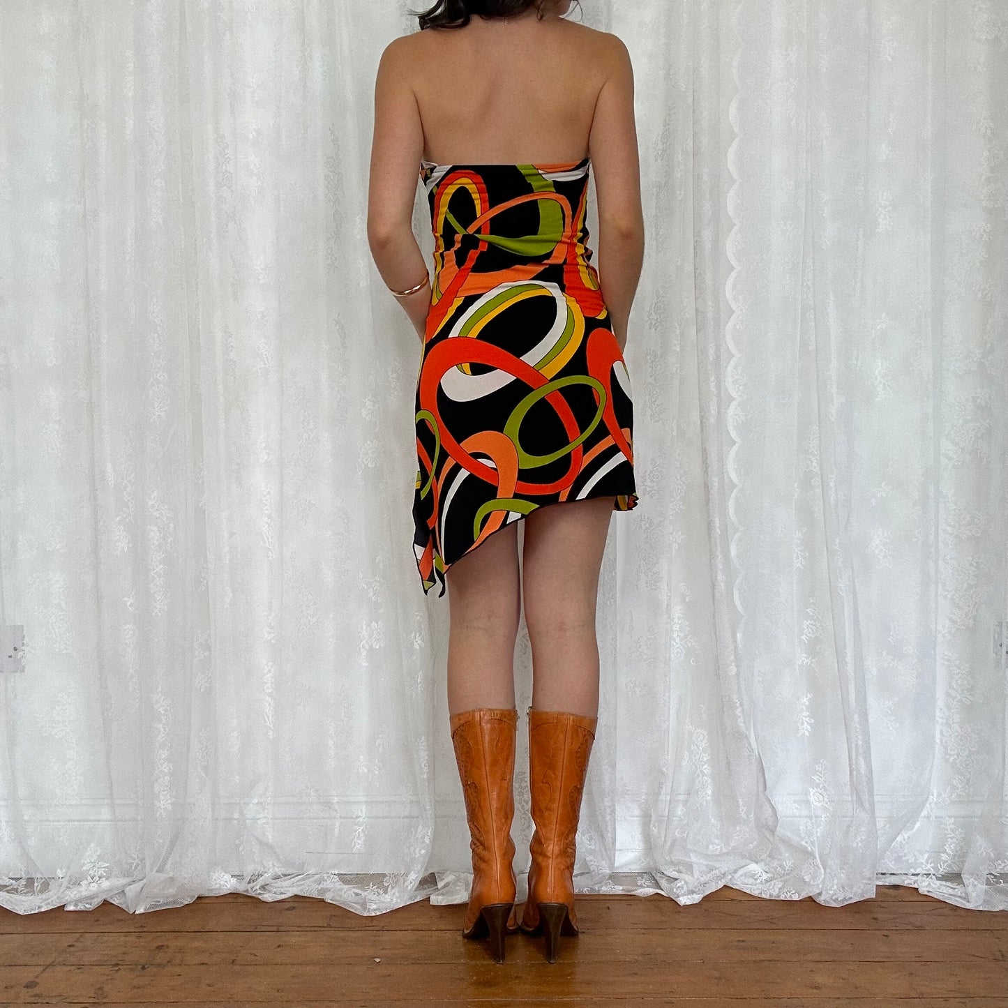 vintage 00s funky patterned asymmetrical halter dress