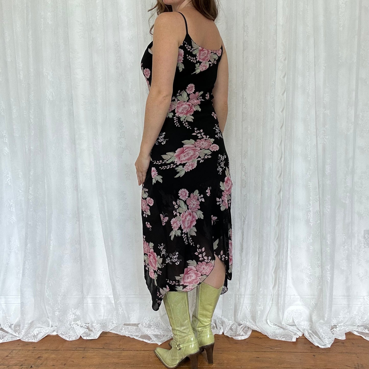 vintage 00s black floral midi dress