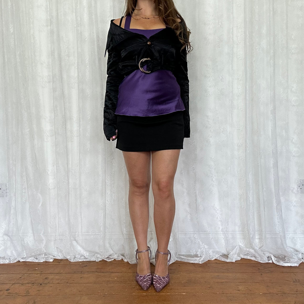 vintage 00s black cropped off shoulder jacket