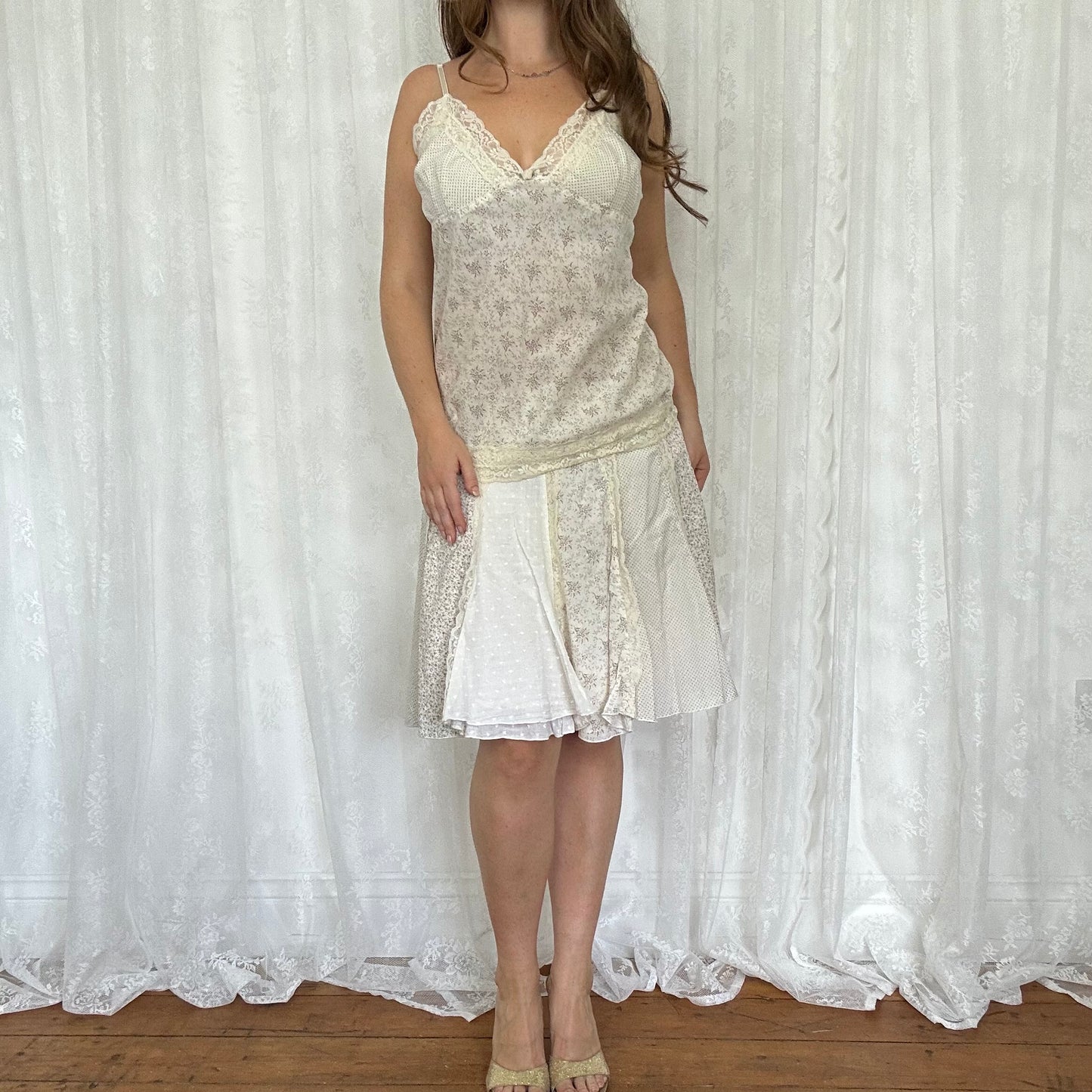 vintage 00s cream lace floral cami and skirt co ord