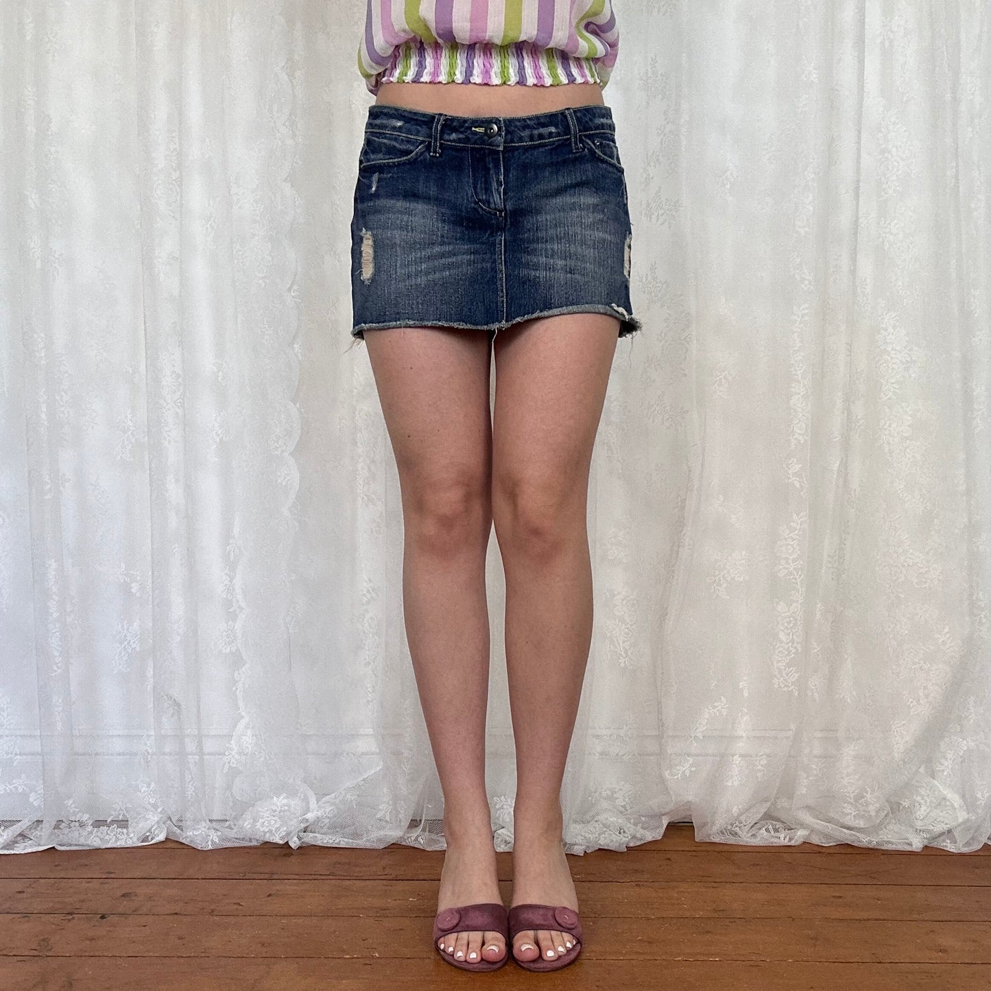 vintage 00s dark wash denim distressed mini skirt