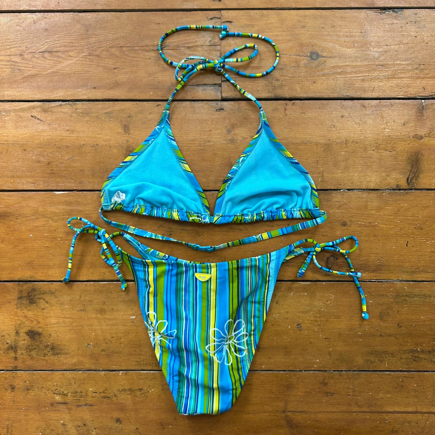 vintage 00s blue stripey floral bikini set