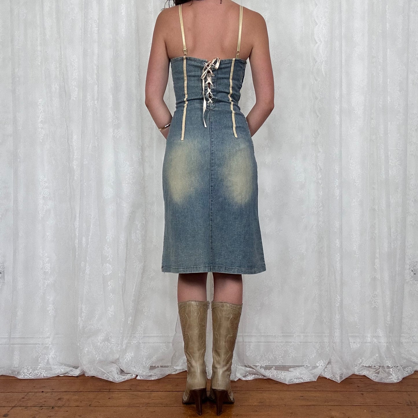vintage 00s washed denim midi dress with beige inserts