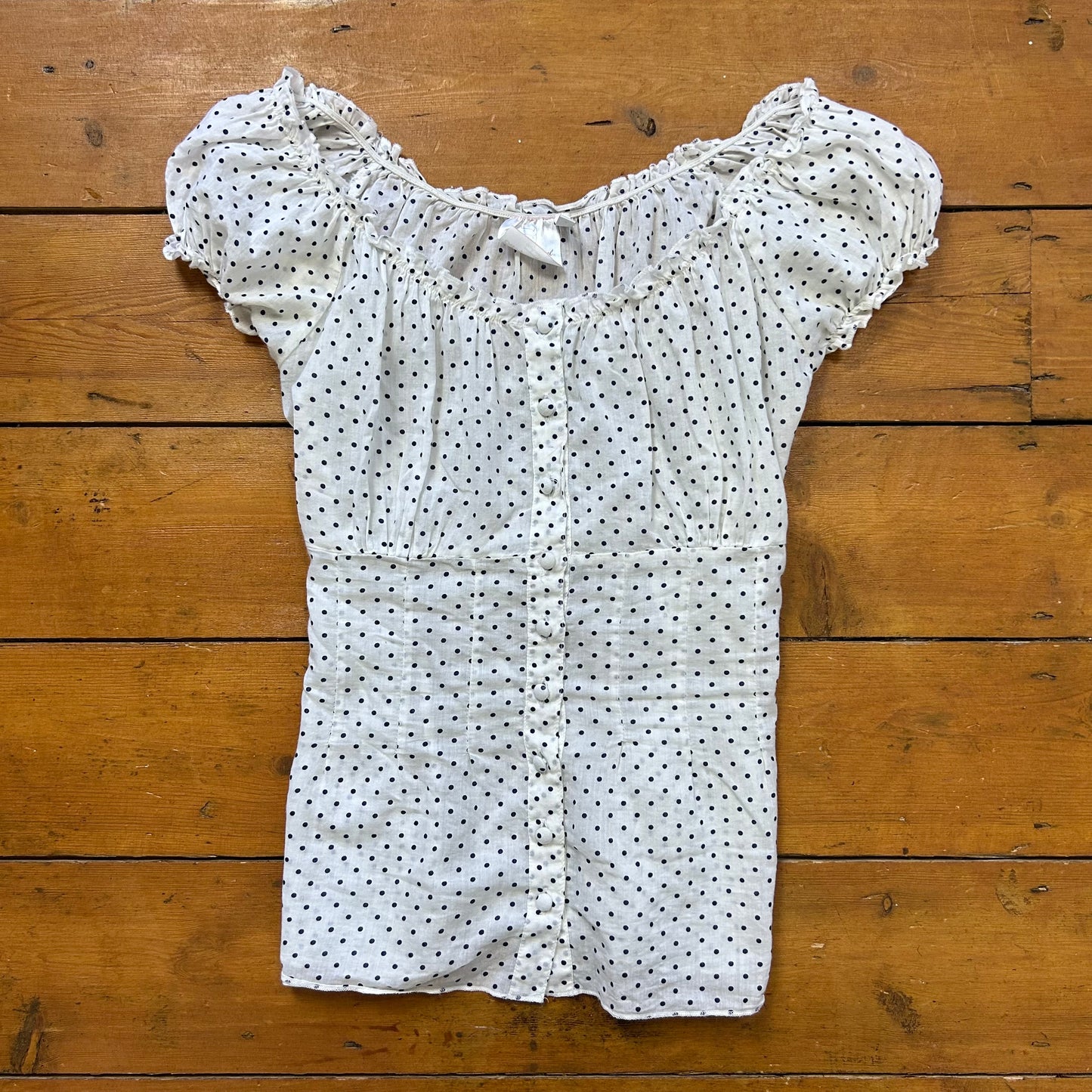 vintage 00s white and blue polka dot tie back top