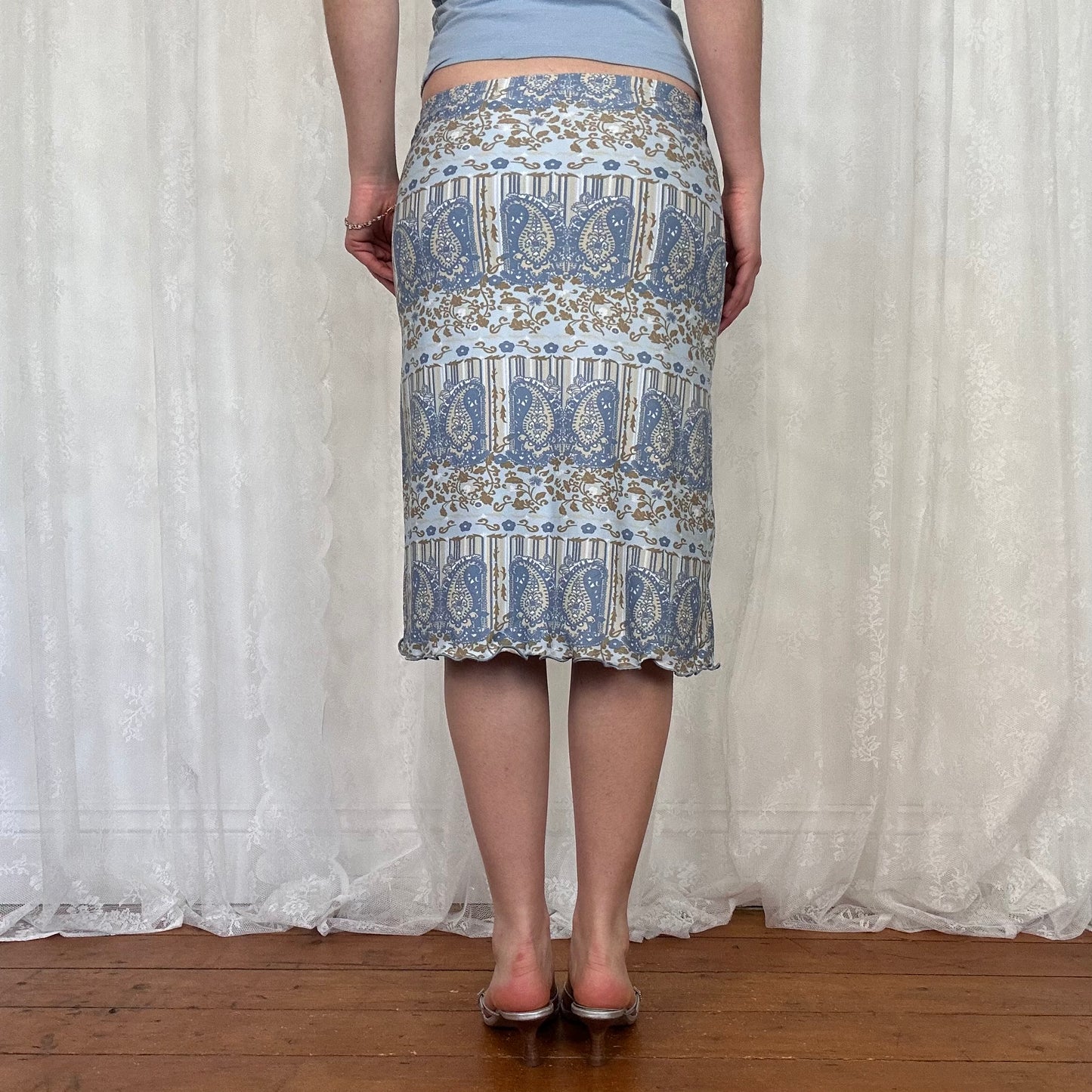 vintage 00s blue and brown paisley midi skirt