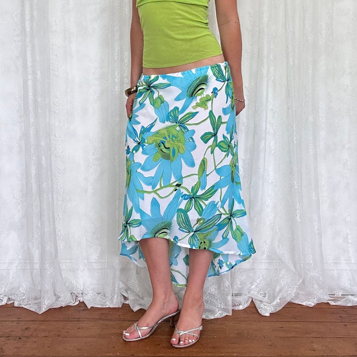 vintage 00s white and blue floral mesh midi skirt