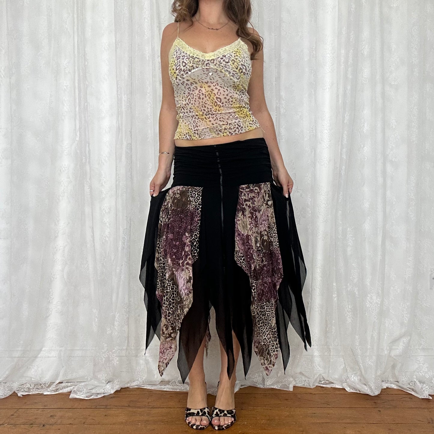 vintage 00s black animal print mesh fairy midi skirt