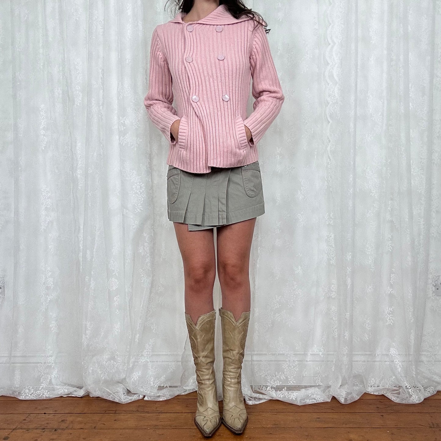 vintage 00s baby pink chunky ribbed jumper with oversized collar