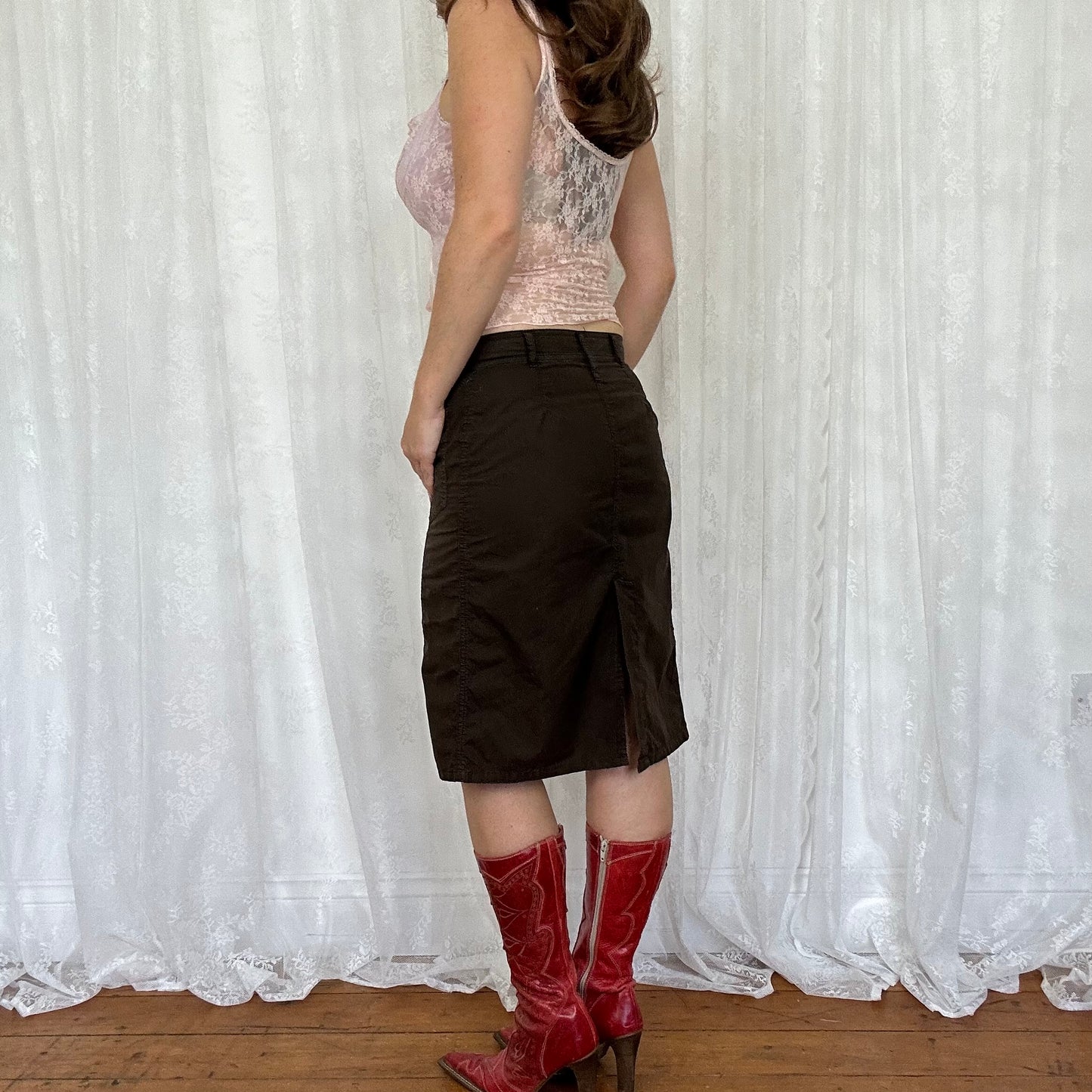 vintage 00s brown cargo midi skirt