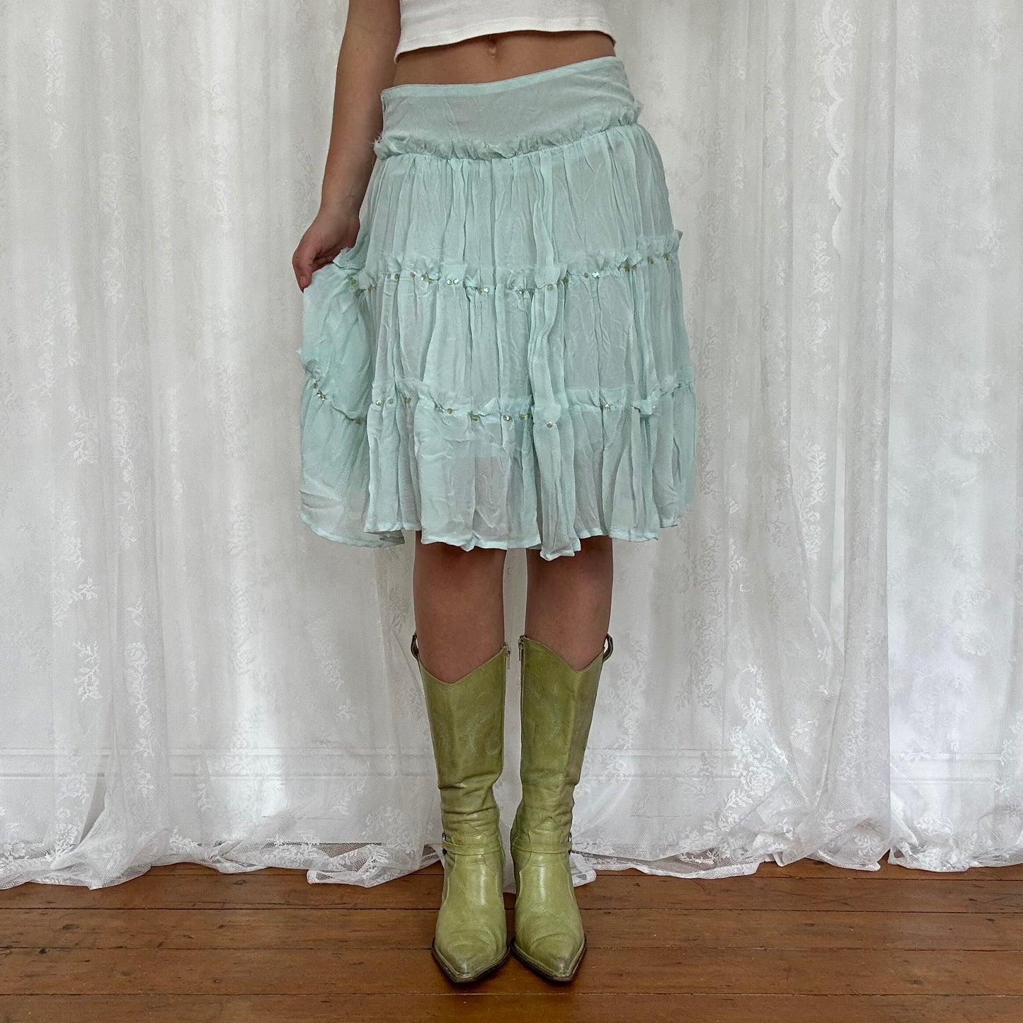 vintage 00s aqua blue sequin tiered midi skirt