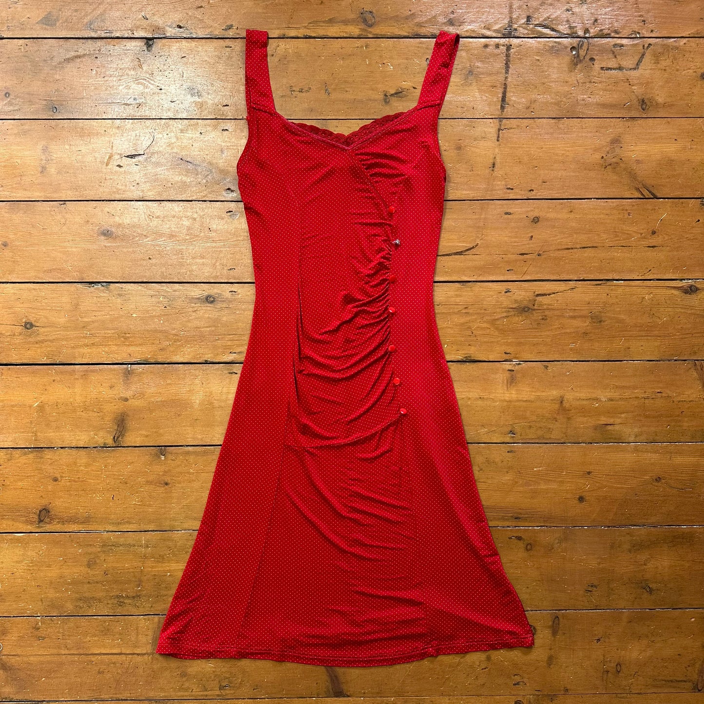 vintage 00s red slinky polka dot midi dress