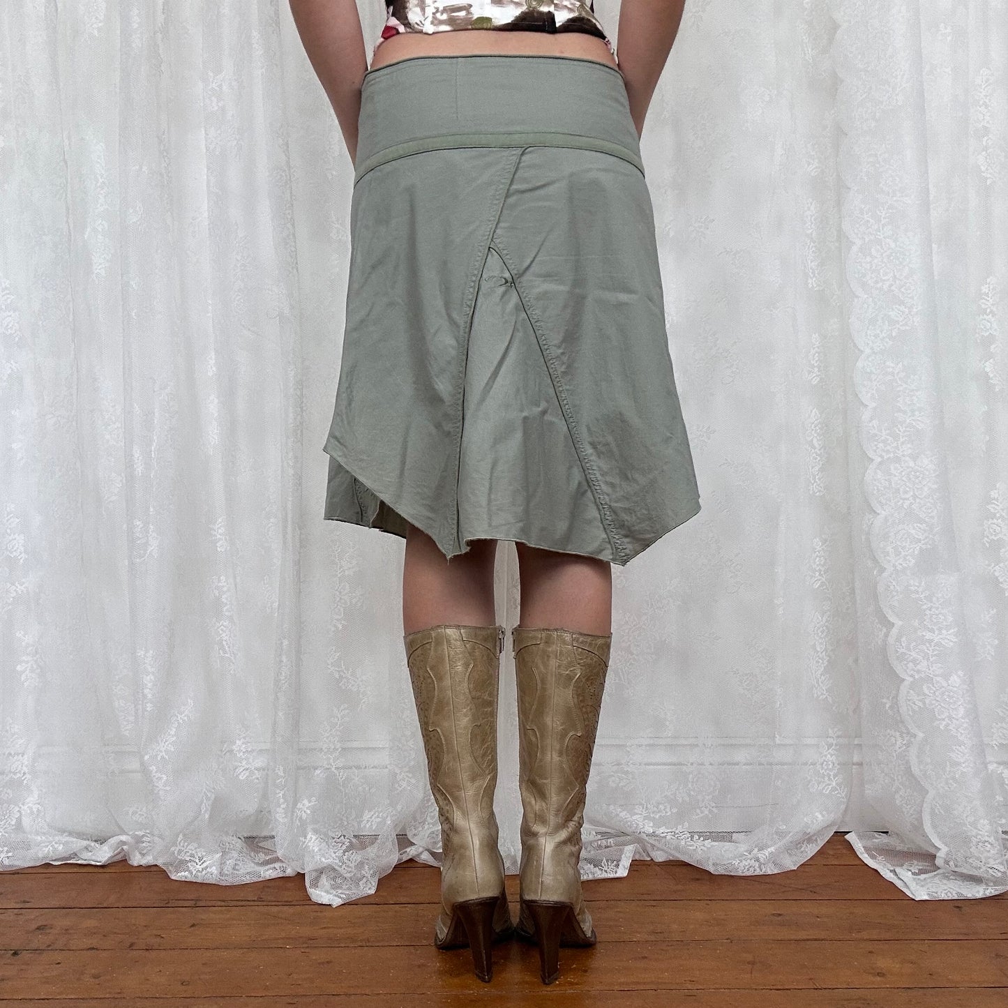 vintage 00s khaki green asymmetrical midi skirt