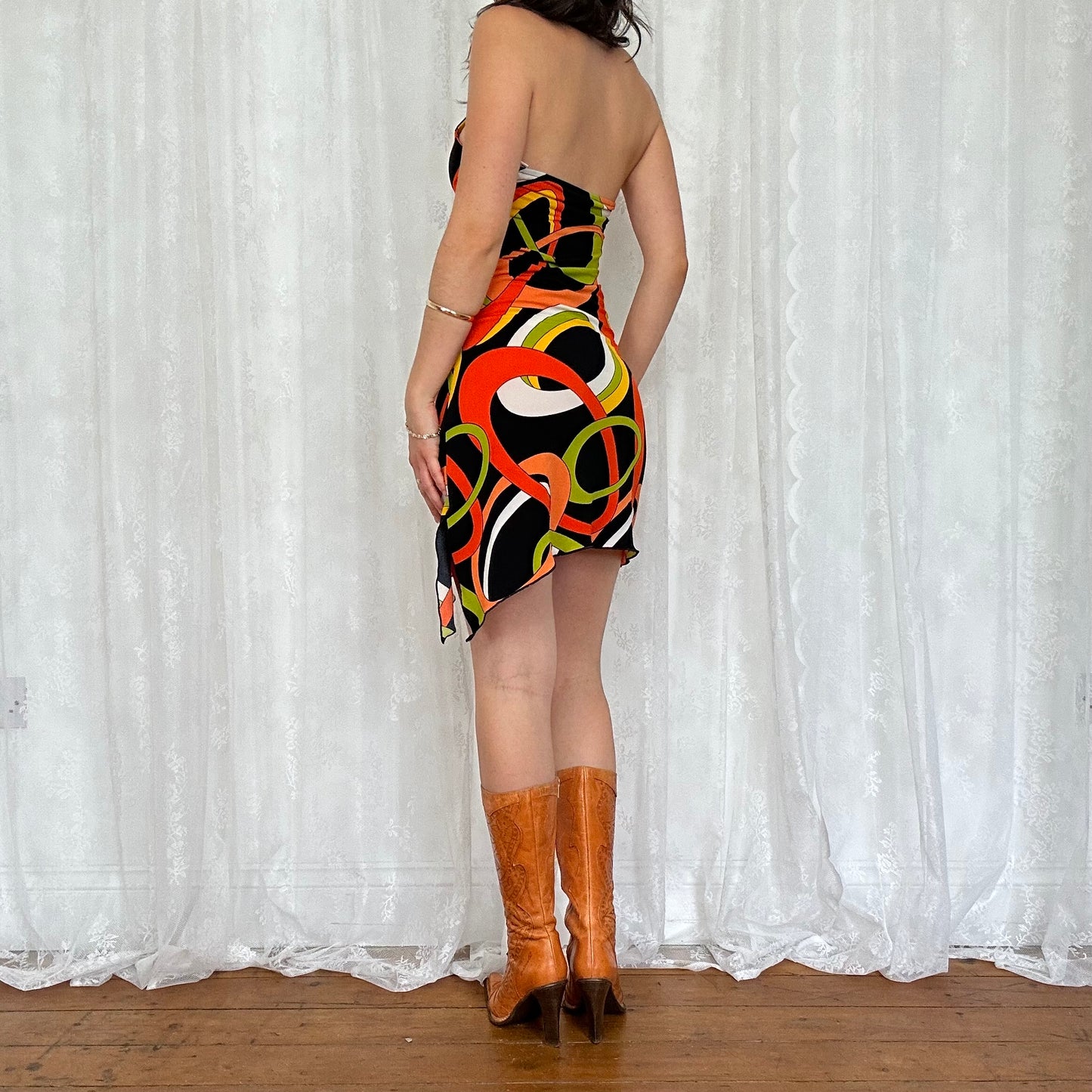 vintage 00s funky patterned asymmetrical halter dress