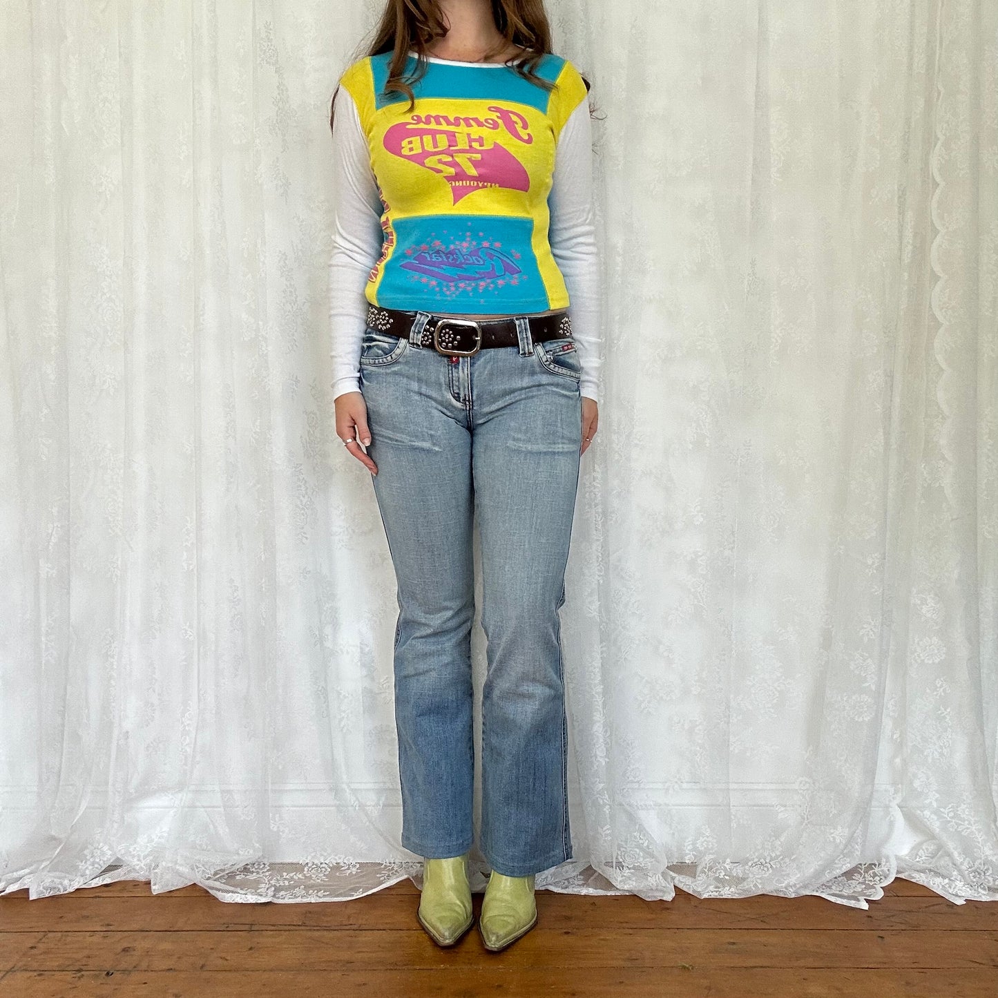 vintage 00s blue and yellow long sleeve graphic top