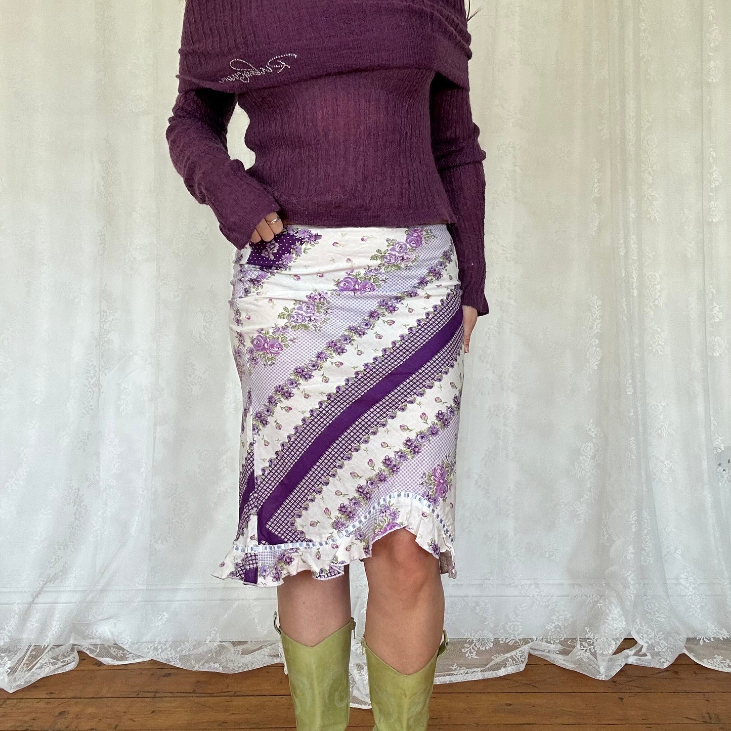 vintage 00s purple floral patchwork asymmetrical midi skirt