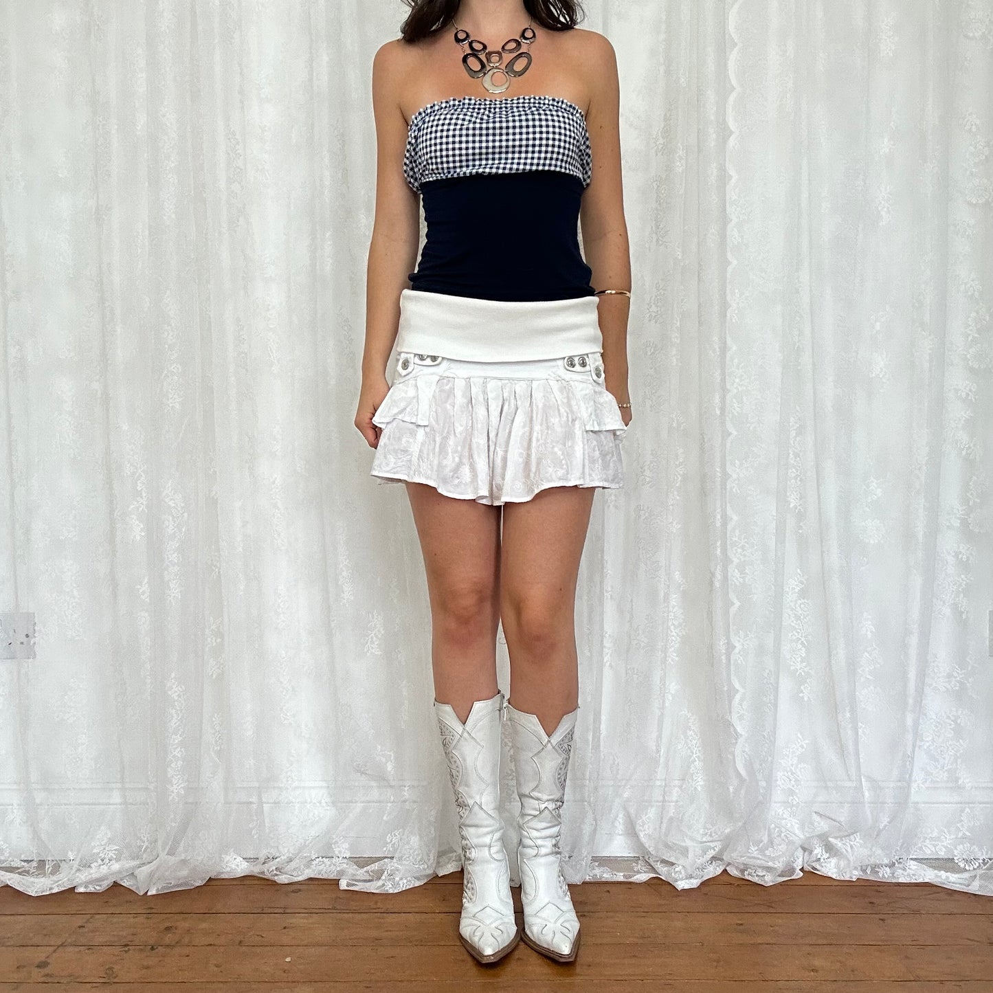 vintage 00s navy gingham strapless tie back top