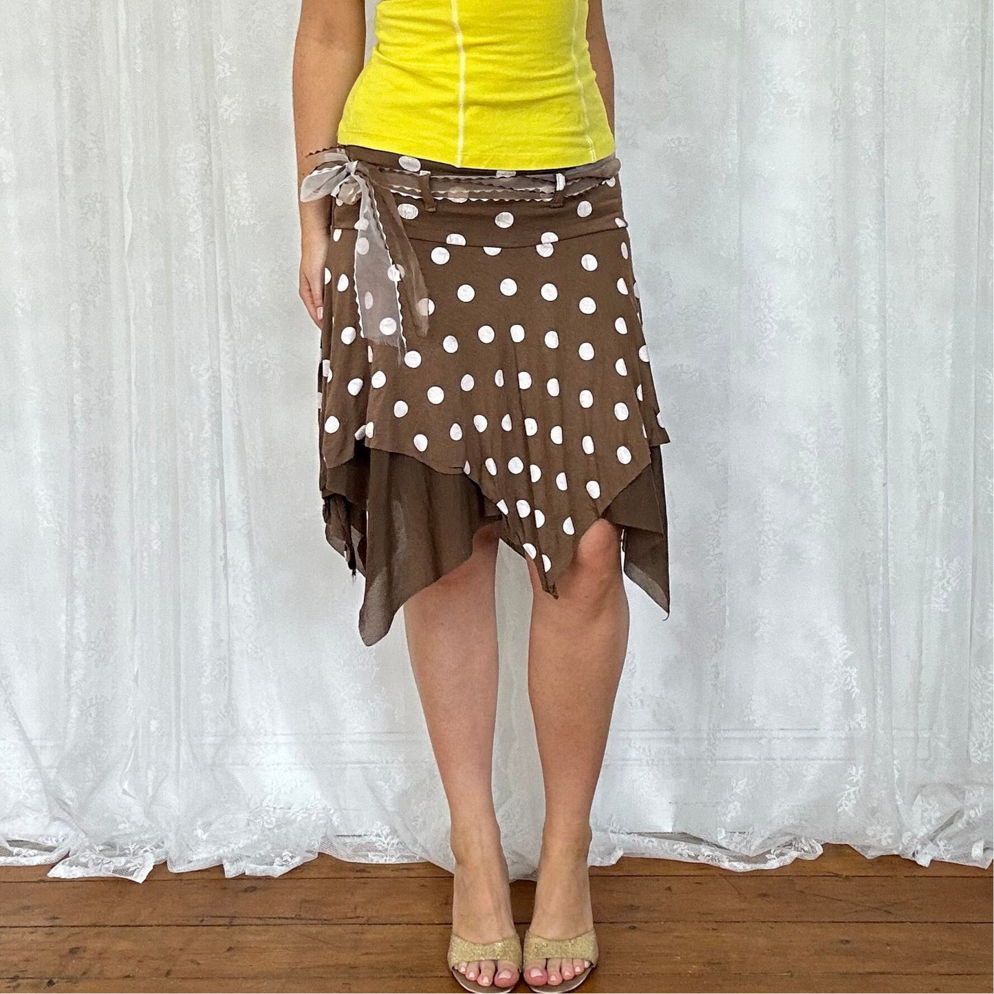 vintage 00s brown polka dot midi skirt with asymmetrical hem
