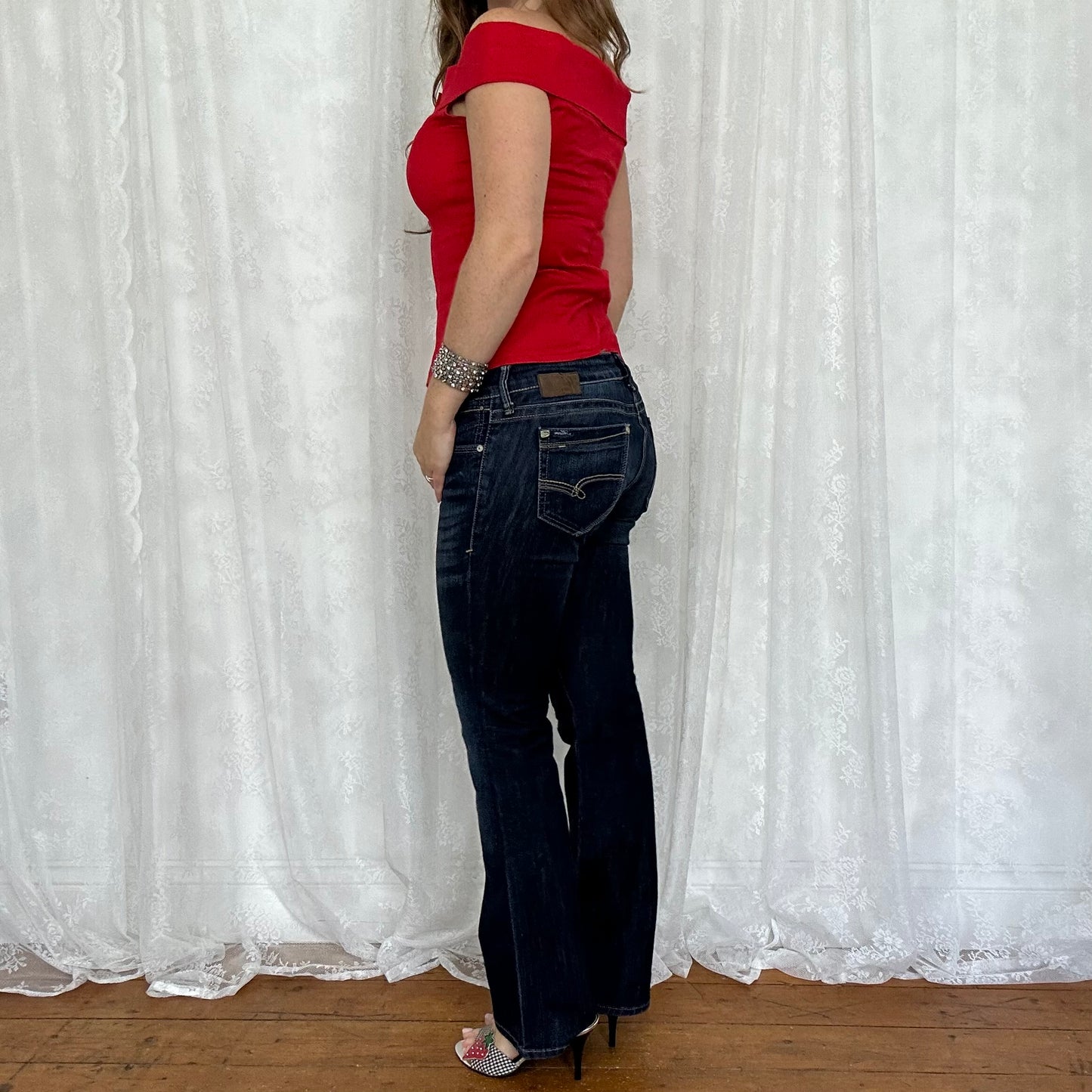 vintage 00s red fitted off shoulder bow top