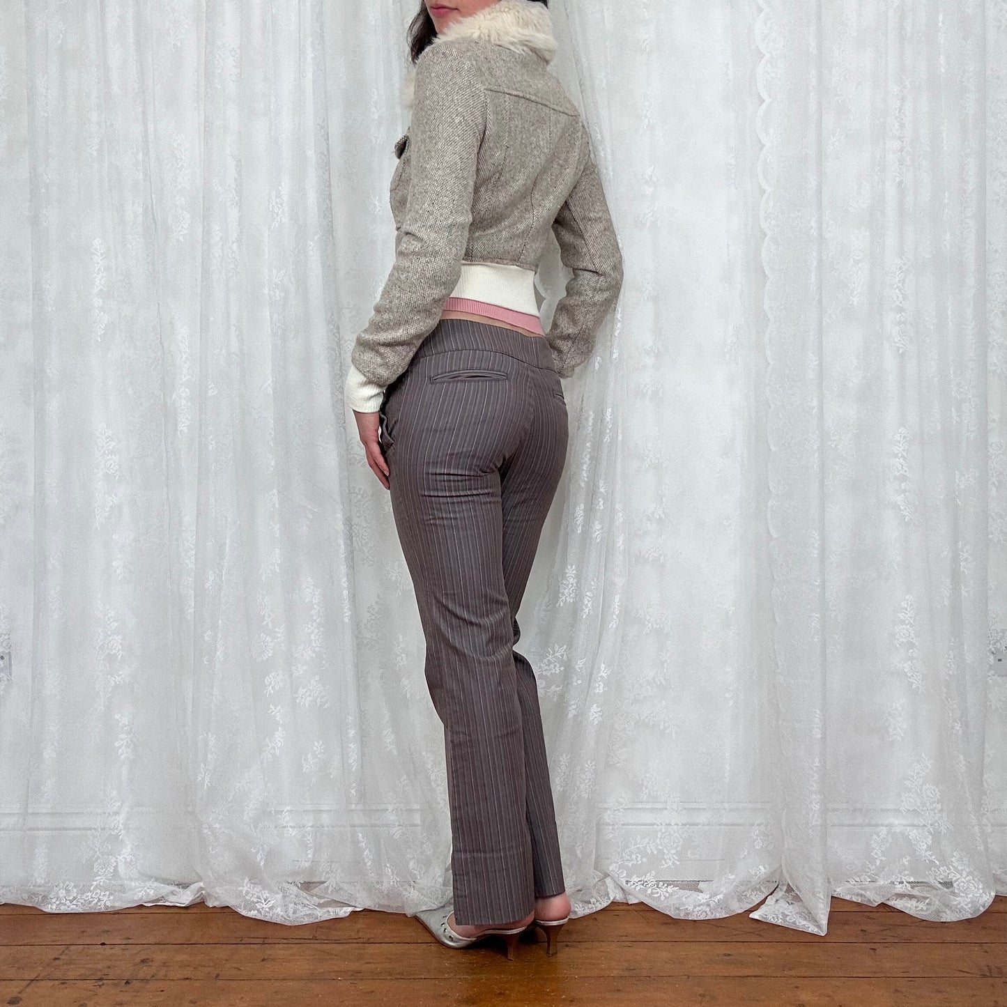 vintage 00s cream tweed button up jacket with faux fur collar