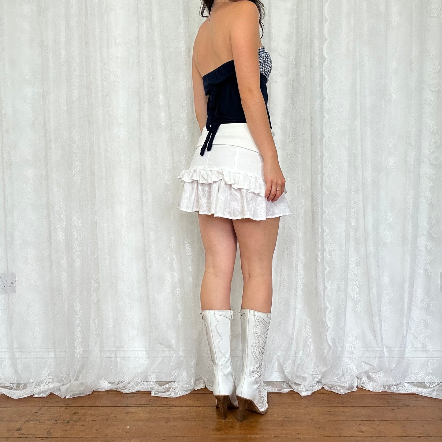 vintage 00s navy gingham strapless tie back top