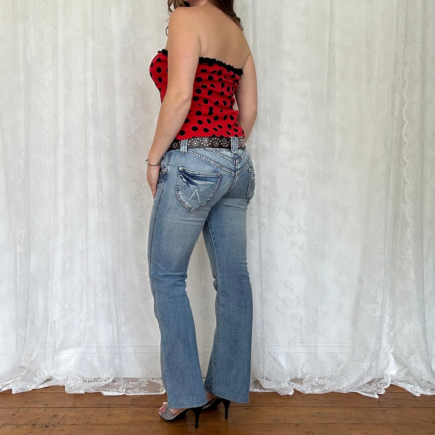 vintage 00s red and black polka dot strapless top