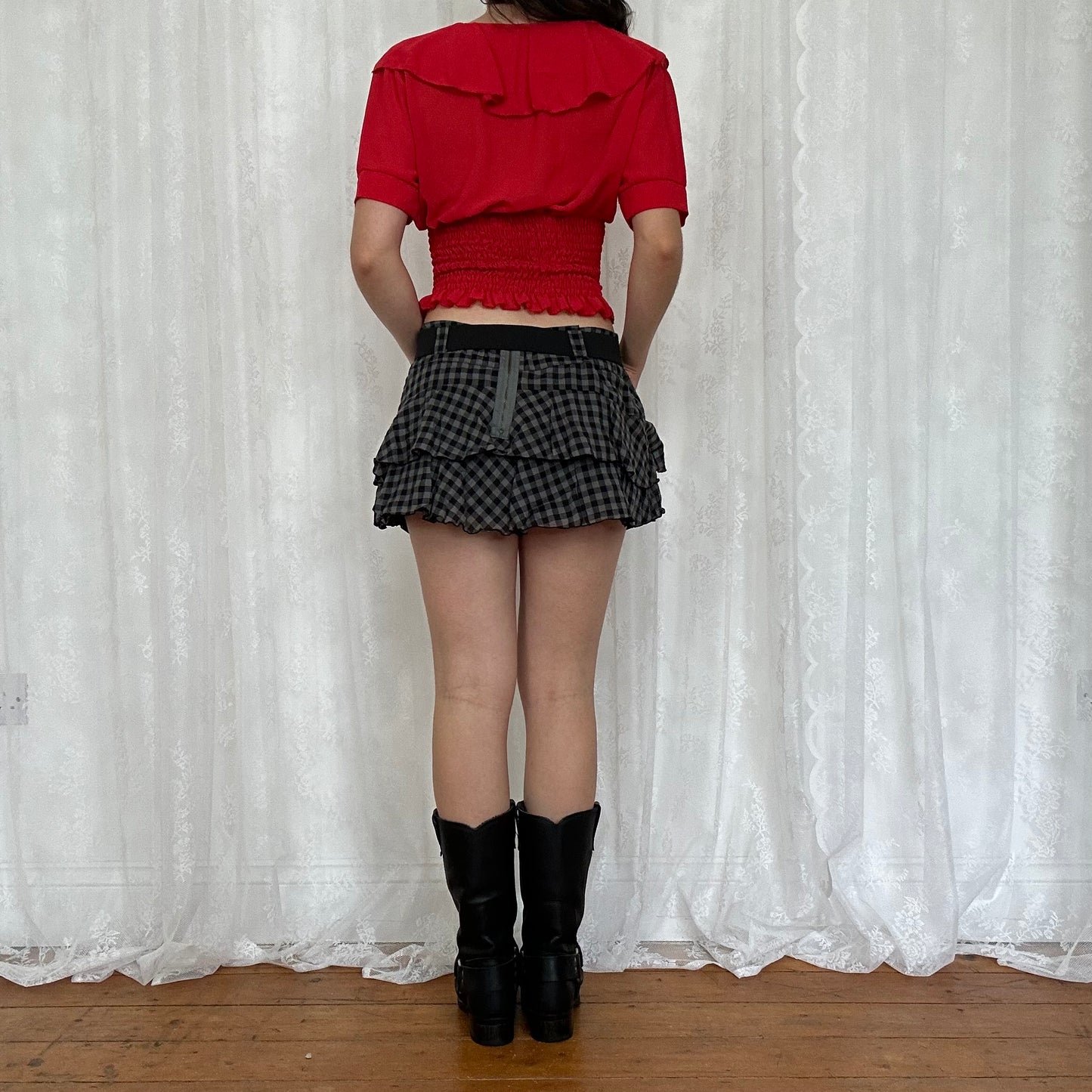 vintage 00s red sheer shirred short sleeve shirt