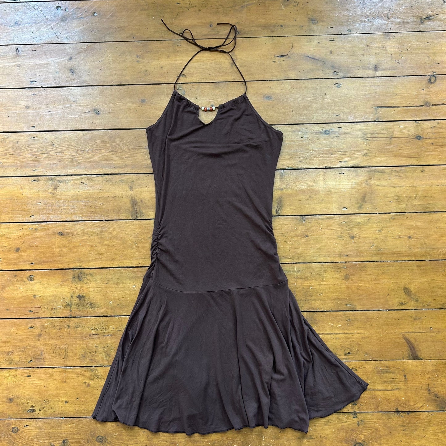 vintage 00s brown halter midi dress with bead detailing