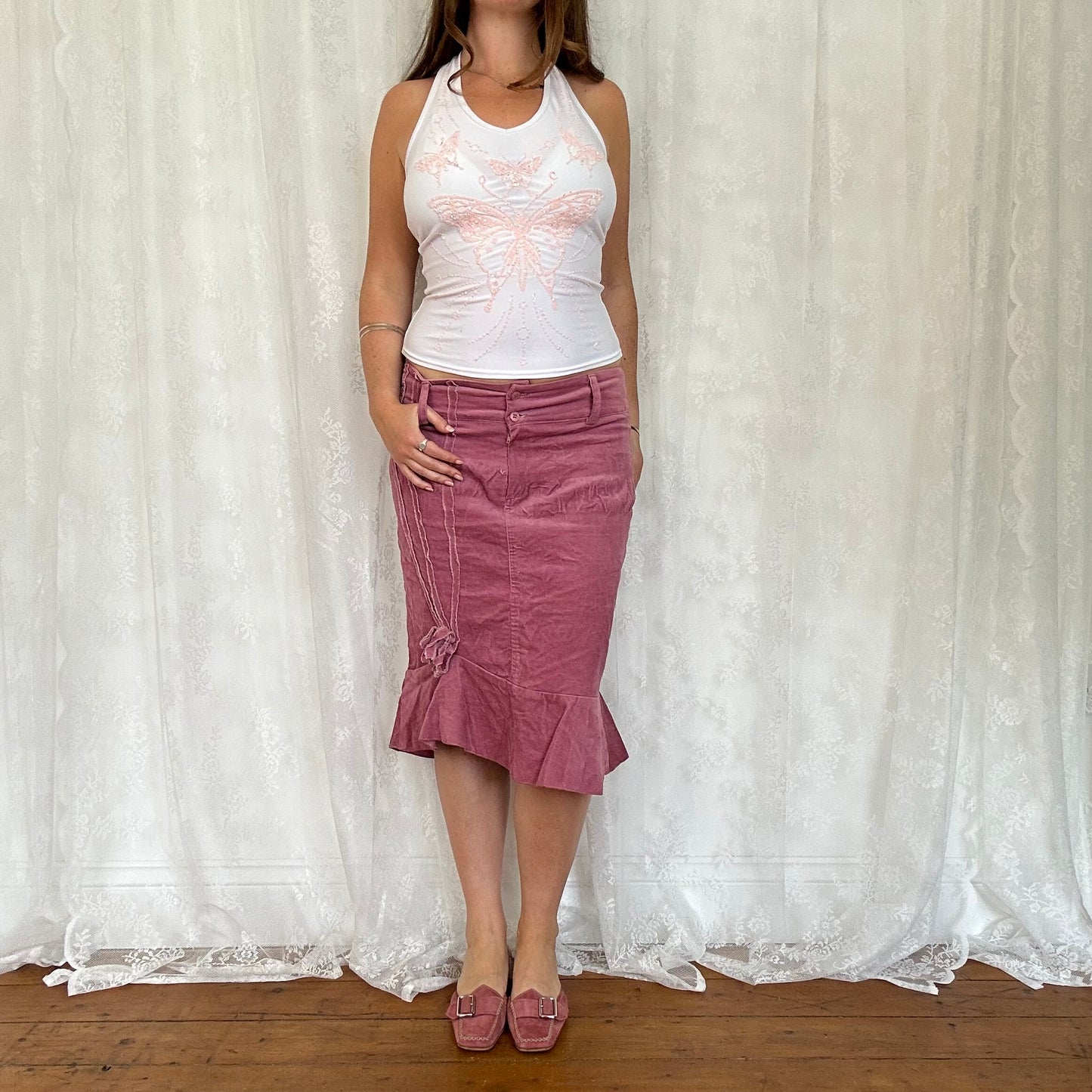 vintage 00s pink cord flower detail midi skirt