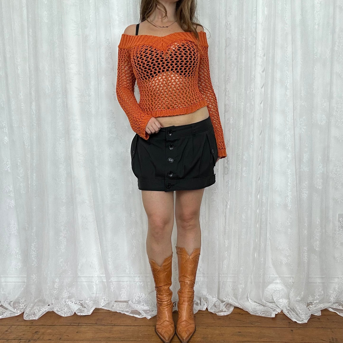 vintage 00s orange crochet v knit jumper