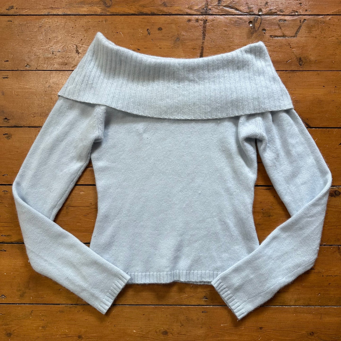 vintage 00s baby blue fuzzy off shoulder jumper
