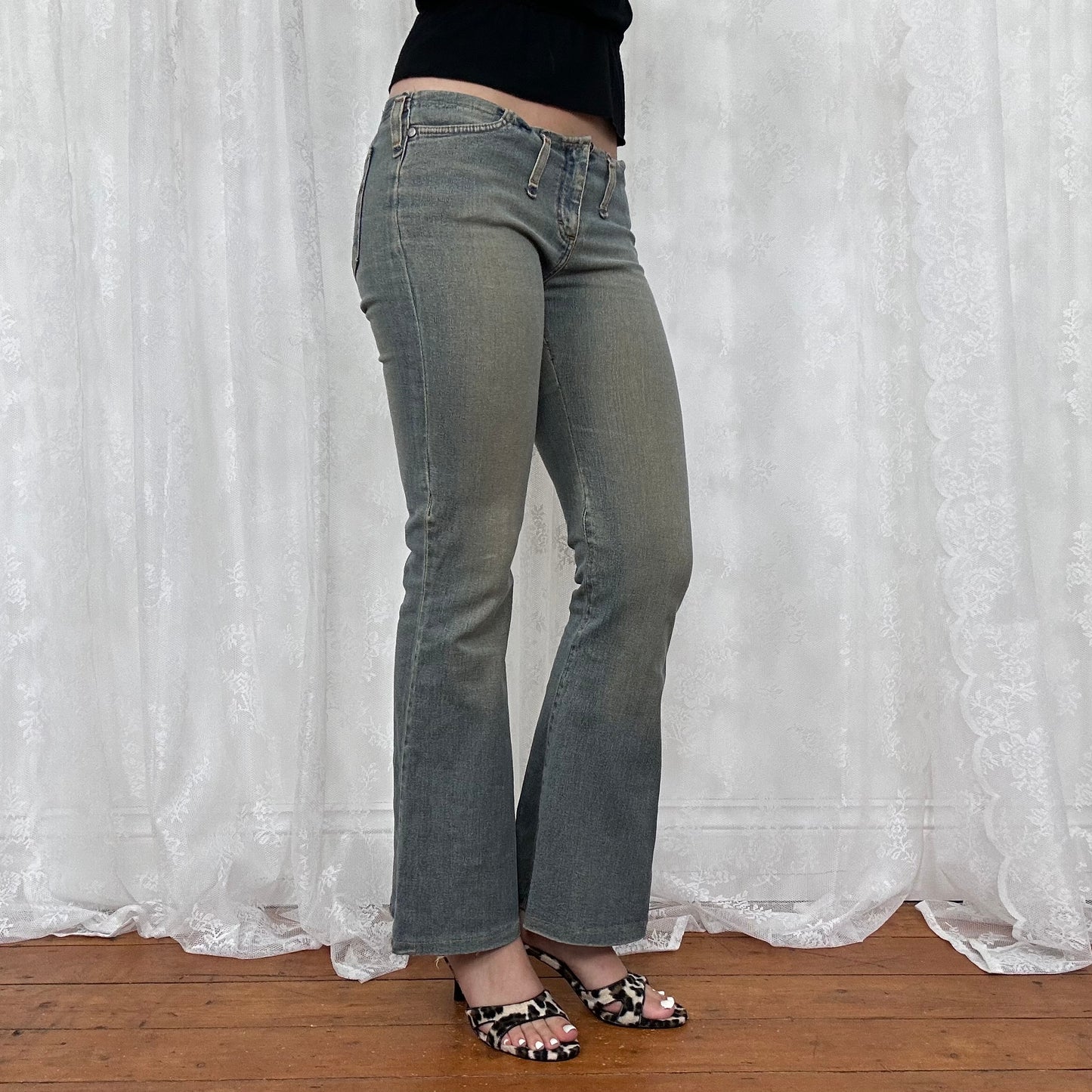 vintage 00s washed denim low rise raw hem jeans