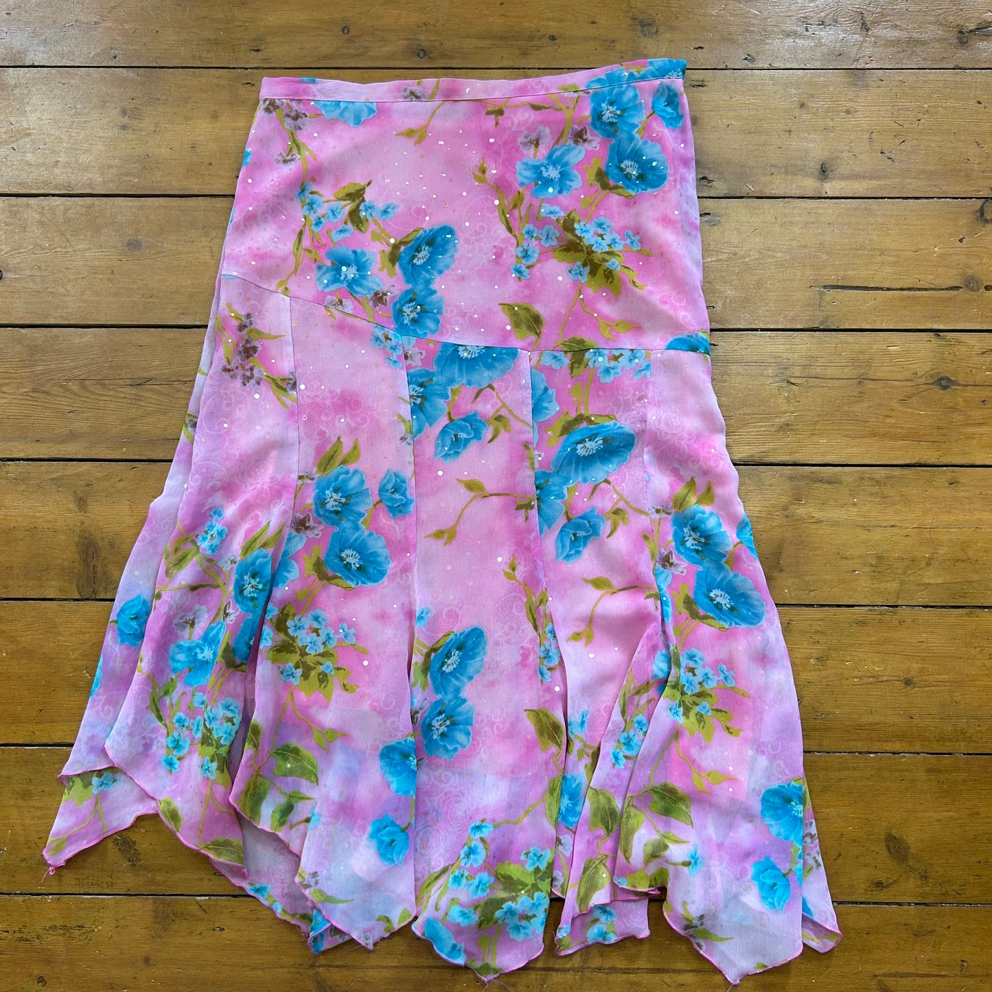 vintage 00s pink floral sequin mesh midi skirt