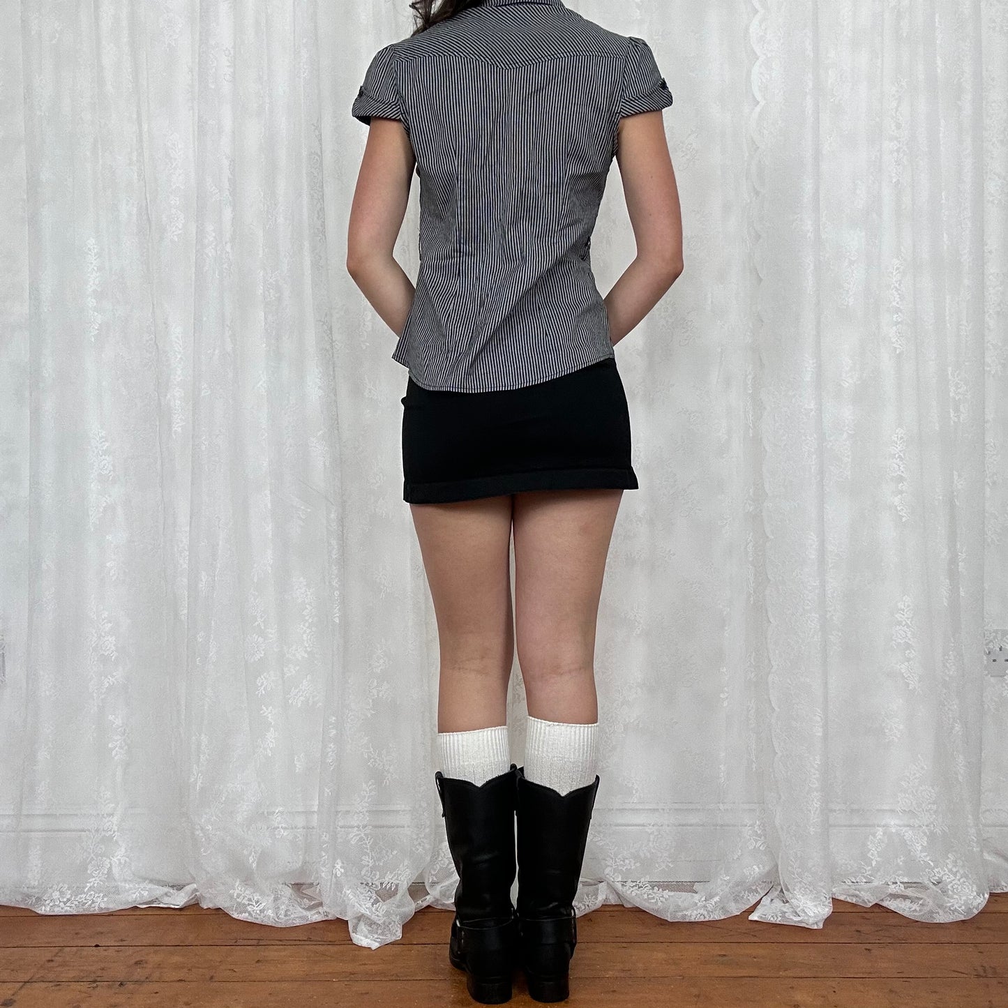 vintage 00s grey and black striped shirt with bow pockets