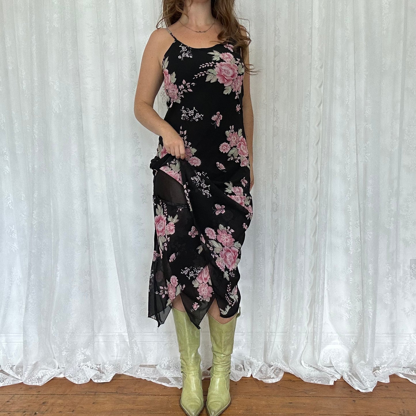 vintage 00s black floral midi dress